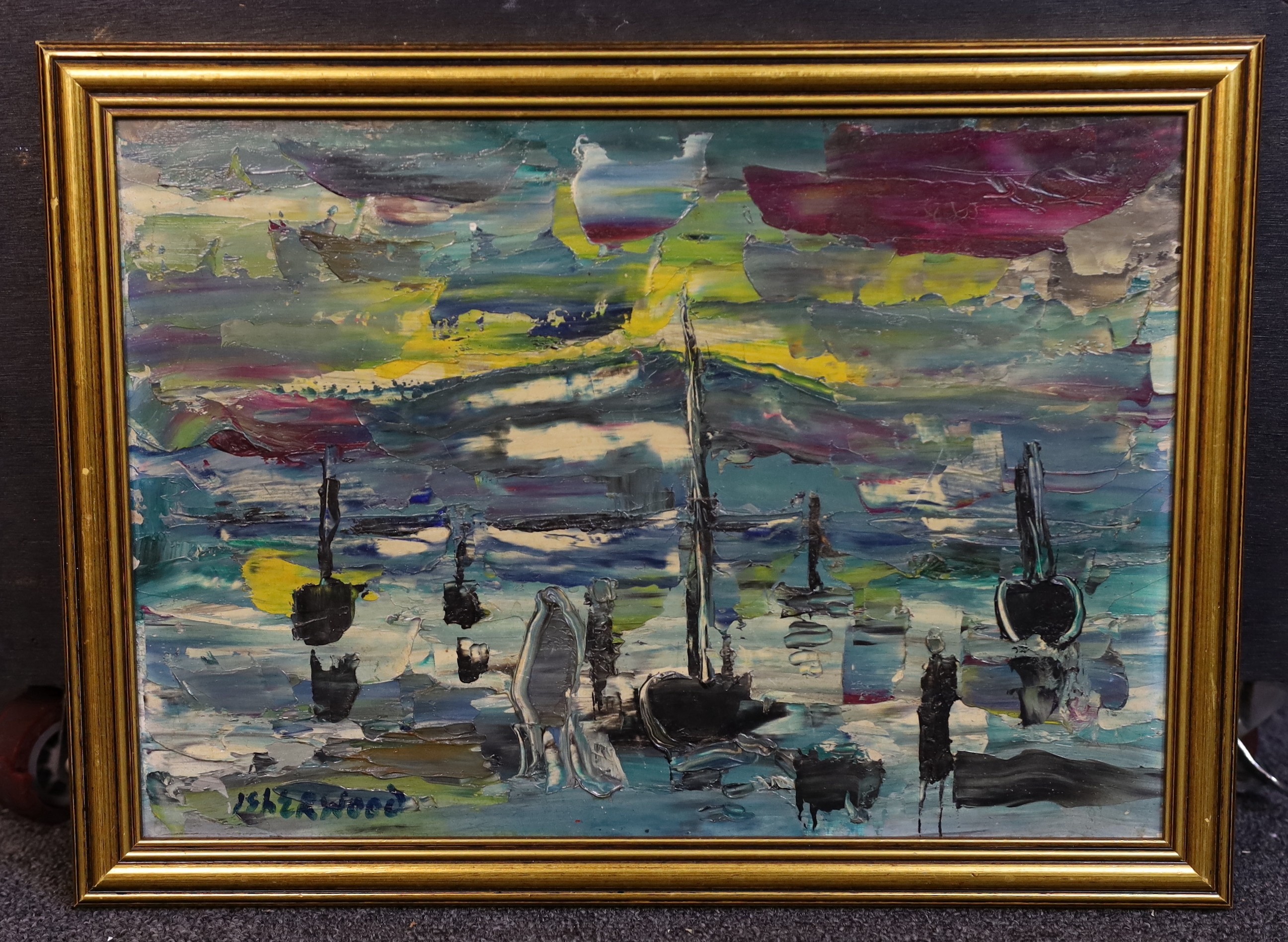 James Lawrence Isherwood (British, 1917- 1989), 'People at lake', oil on board, 24 x 34.5cm